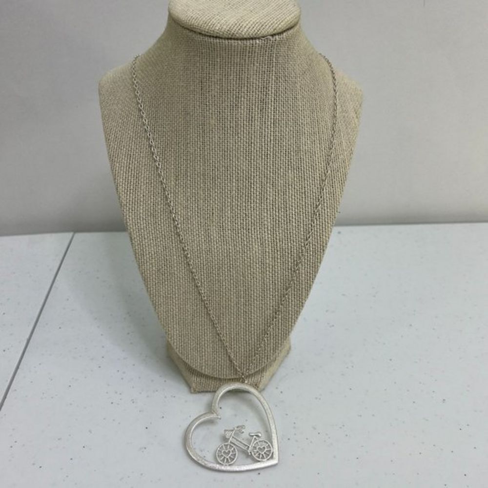 Bicycle Heart Necklace Silver Tone Chain Big Statement Gift For Cycle Lover Used